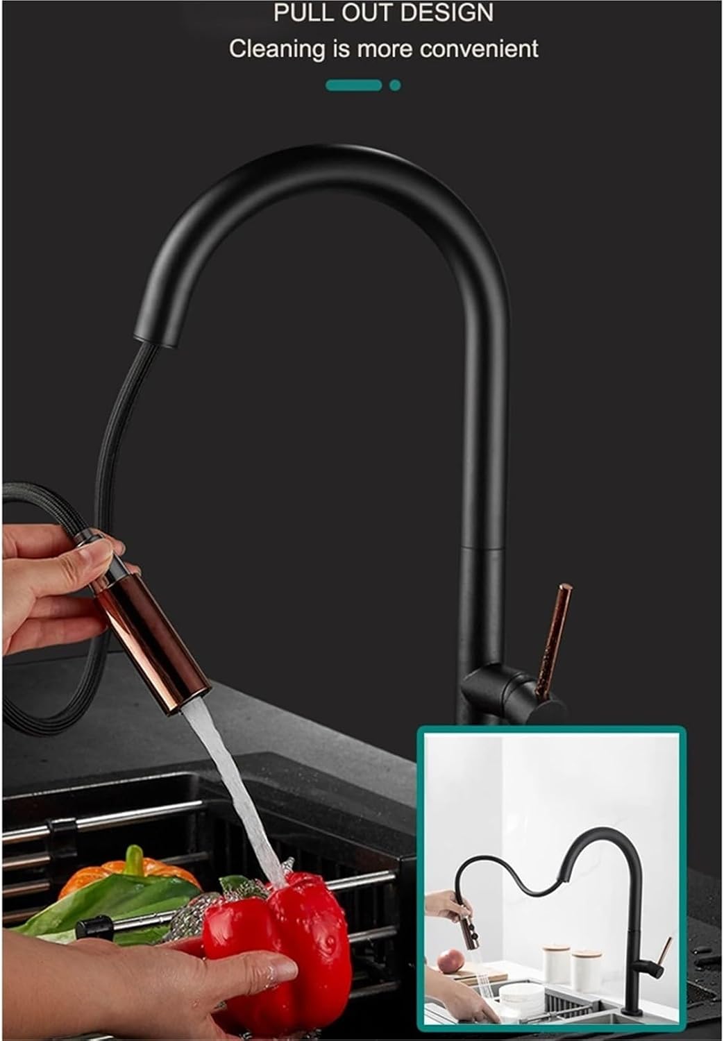 Modern Kitchen Faucet Pull Out 2 Mode Outlet Water Spray Deck Mounted Hot and Cold Water Sink Mixer Tap(Black)