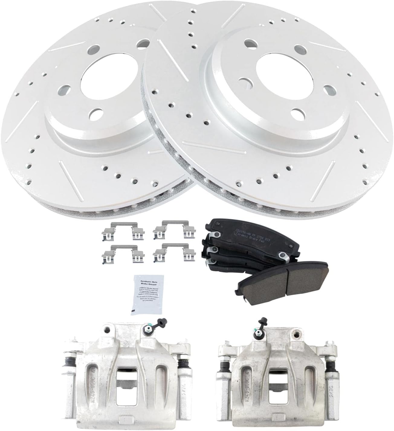 TRQ Performance Front Brake Pad and Rotor Set Ceramic Drilled Slotted Coated Vented Rotors Calipers Compatible with 2005-2010 Chrysler 300 2005-2008 Magnum 2006-2011 Dodge Charger 2009-2011 Challenger
