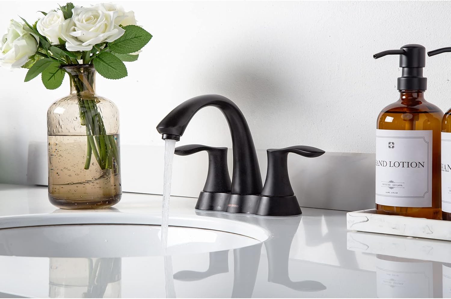 Matte Black Bathroom Faucet, Lava Odoro 4 Inch Centerset Bathroom Sink Faucet 2 Handle Vanity Faucet with Pop up Drain Assembly Supply Line, BF423-MB