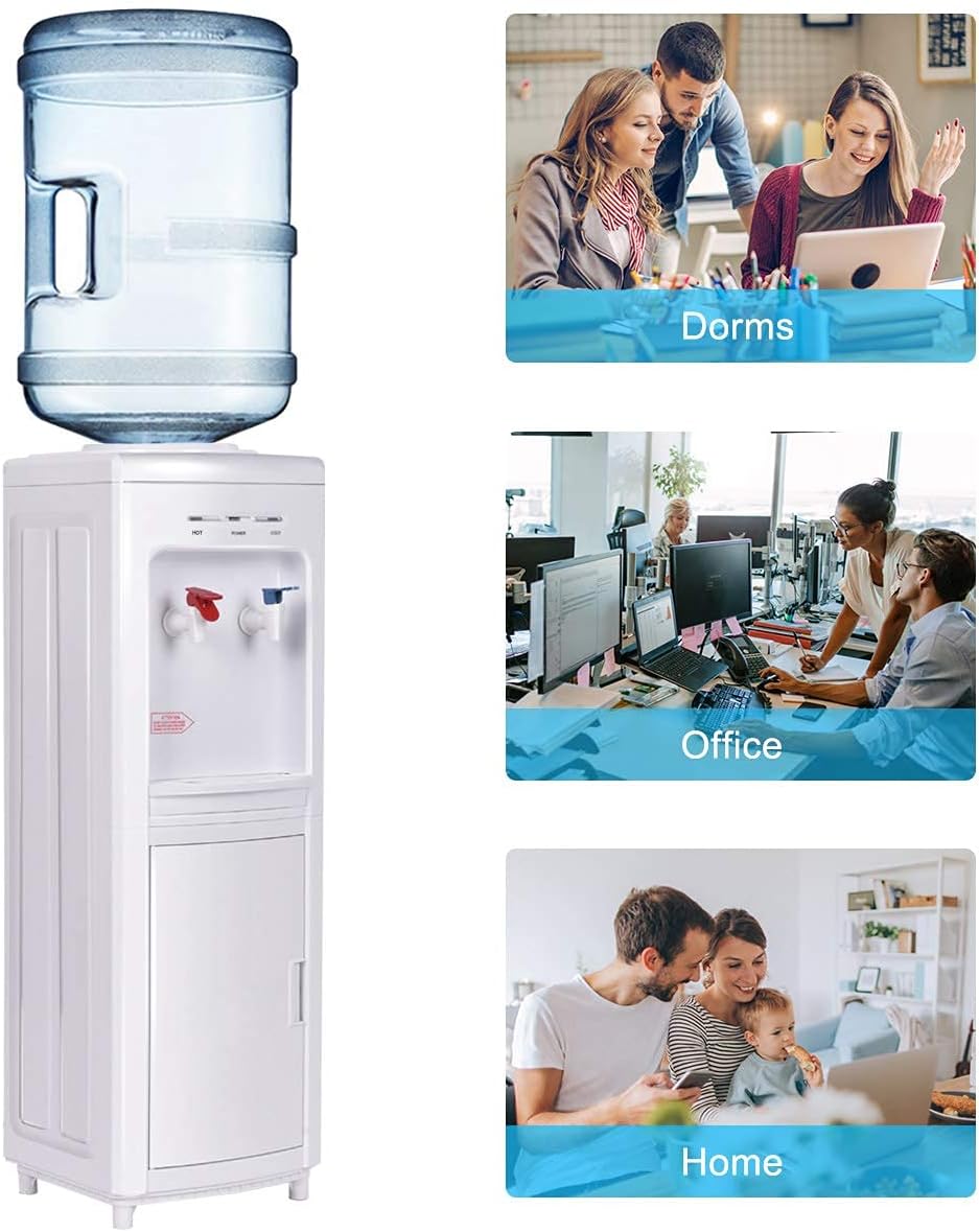 Rainfally Top Loading Water Cooler Dispenser, 3-5 Gallon Hot & Cold Dual-use Water Dispenser w/Bottom Storage Cabinet, Child Safe Lock, Energy-Saving Approved (White)