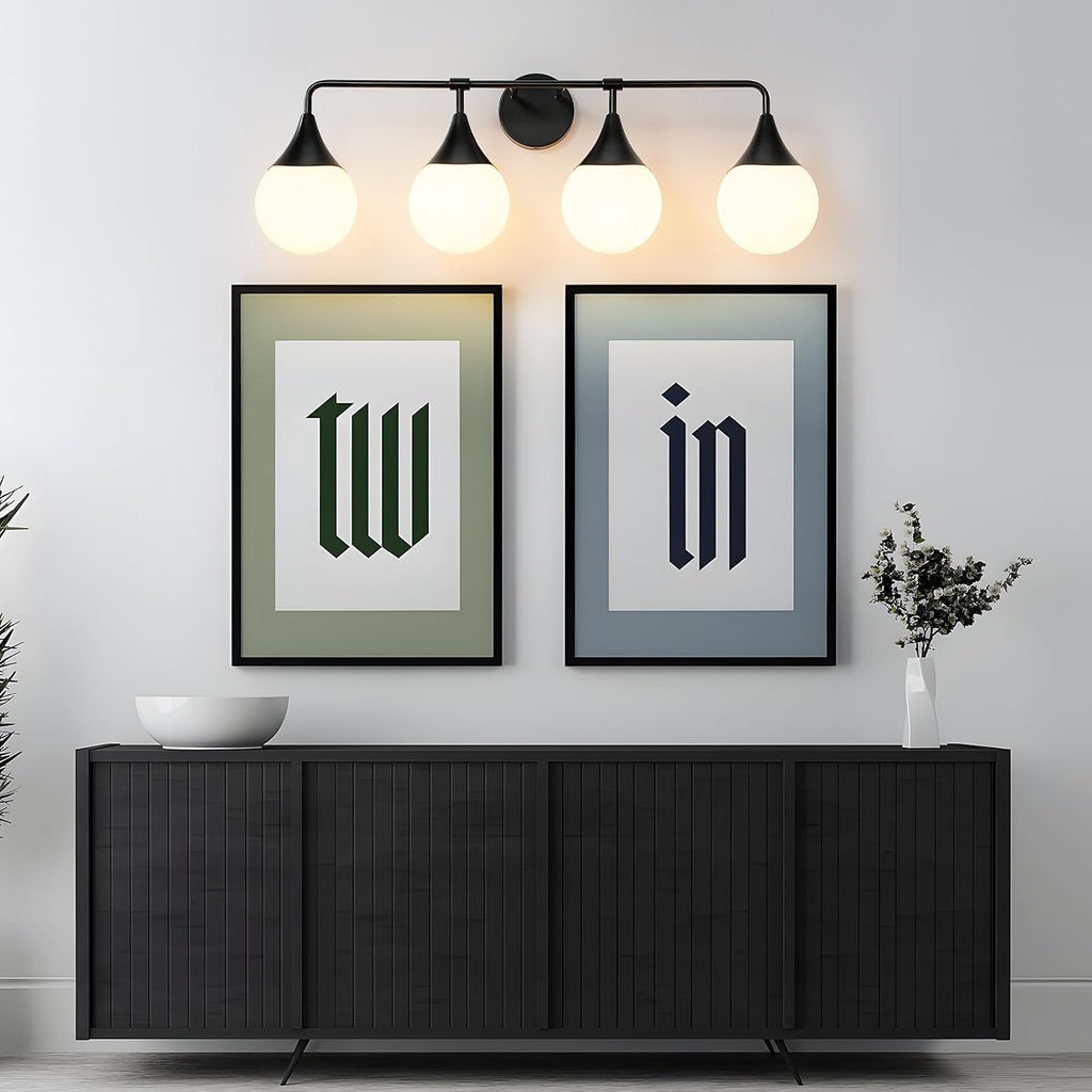 Bathroom Vanity Light Fixtures: 4-Light Mid Century Modern Bathroom Lighting Fixtures Over Mirrors - Matte Black Wall Sconce with Milky Glass Ball Shade for Bath Bedroom