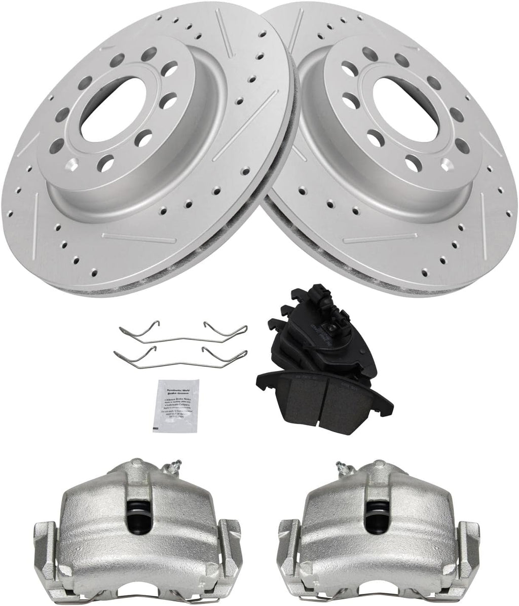 TRQ Performance Front Brake Pad and Rotor Set Ceramic Vented Coated Rotors Calipers Compatible with 2013 Volkswagen GTI 2011 Jetta
