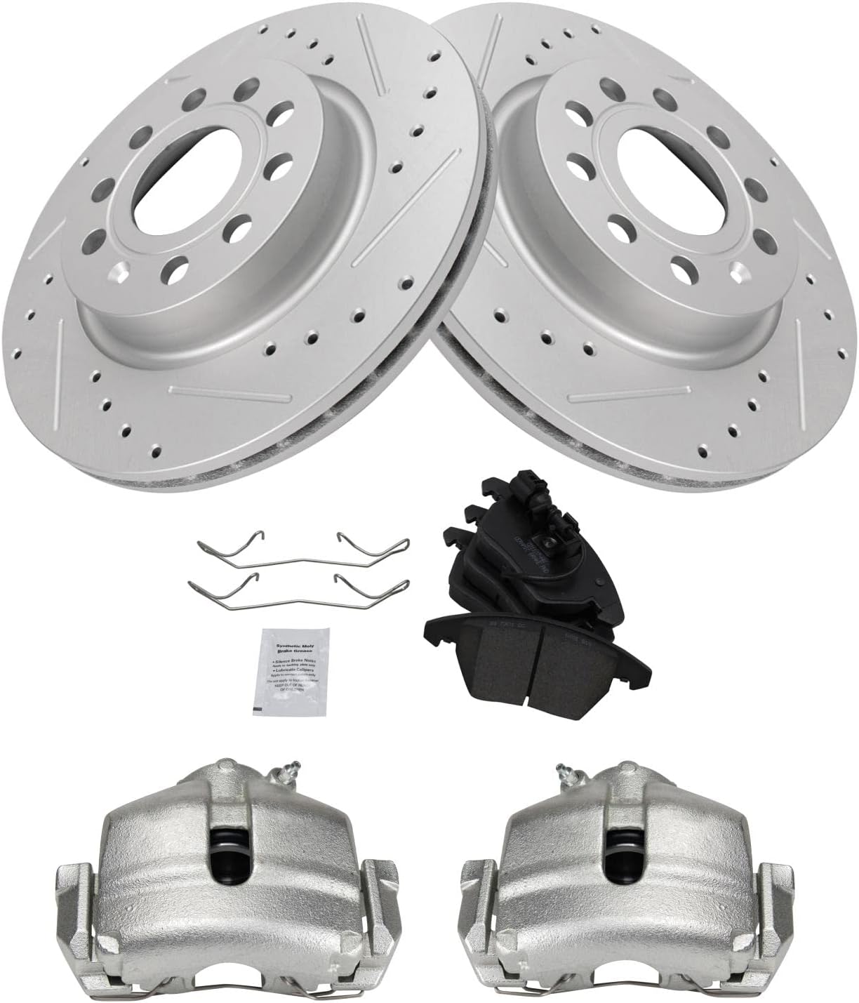 TRQ Performance Front Brake Pad and Rotor Set Ceramic Vented Coated Rotors Calipers Compatible with 2013 Volkswagen GTI 2011 Jetta