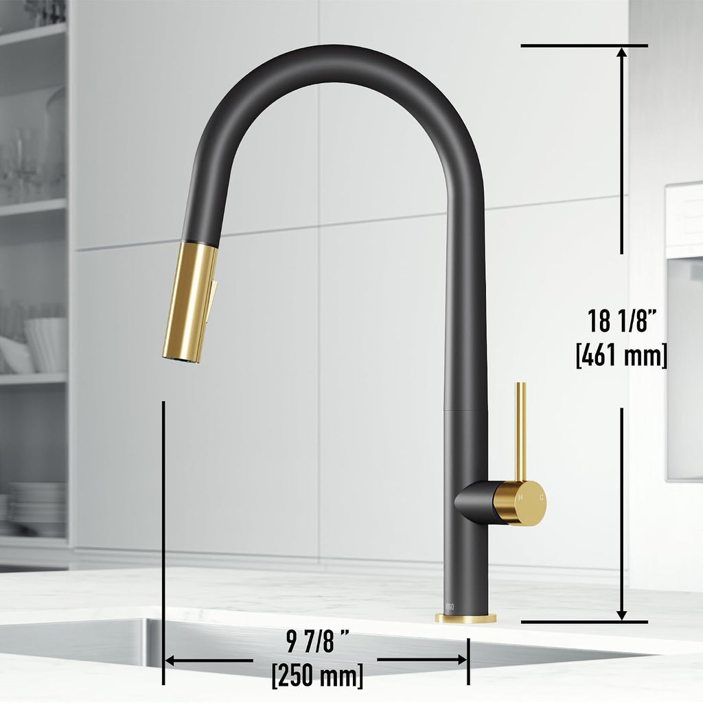 VIGO Greenwich 18'' H Single Handle Pull-Down Sprayer Kitchen Faucet in Matte Black and Matte Brushed Gold-VG02029MBMGB