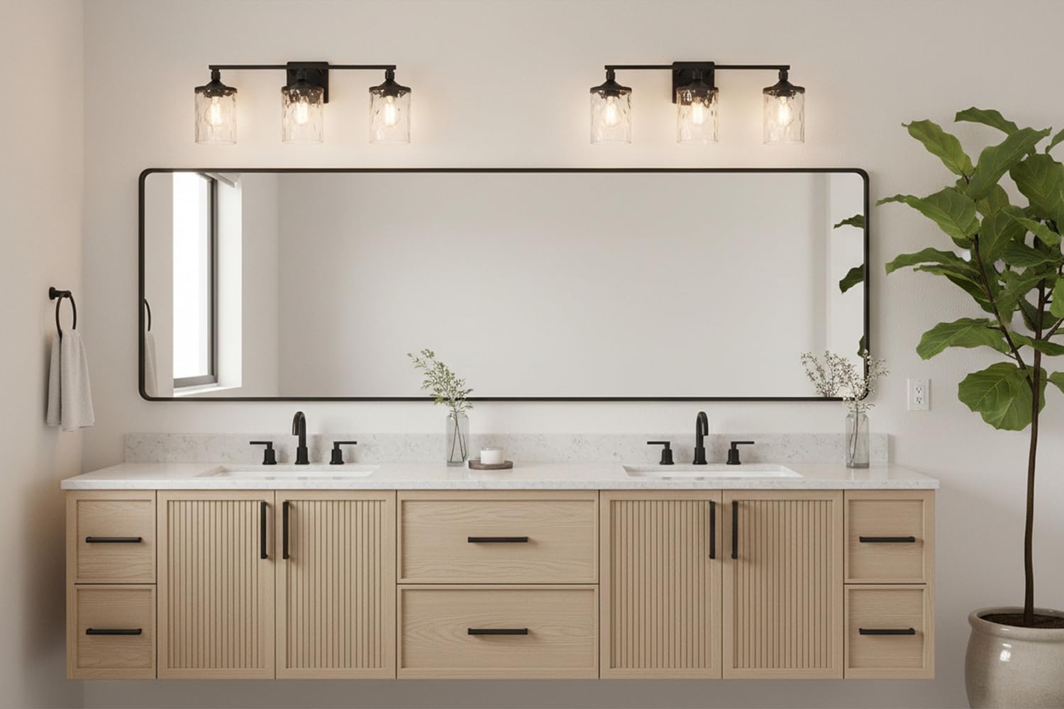 HomePlace Lighting 128831MB-451 Colton Mid-Century Clear Water Glass Bathroom Vanity Wall Light, 3-Light 300 Total Watts, 10' H x 24' W, Matte Black