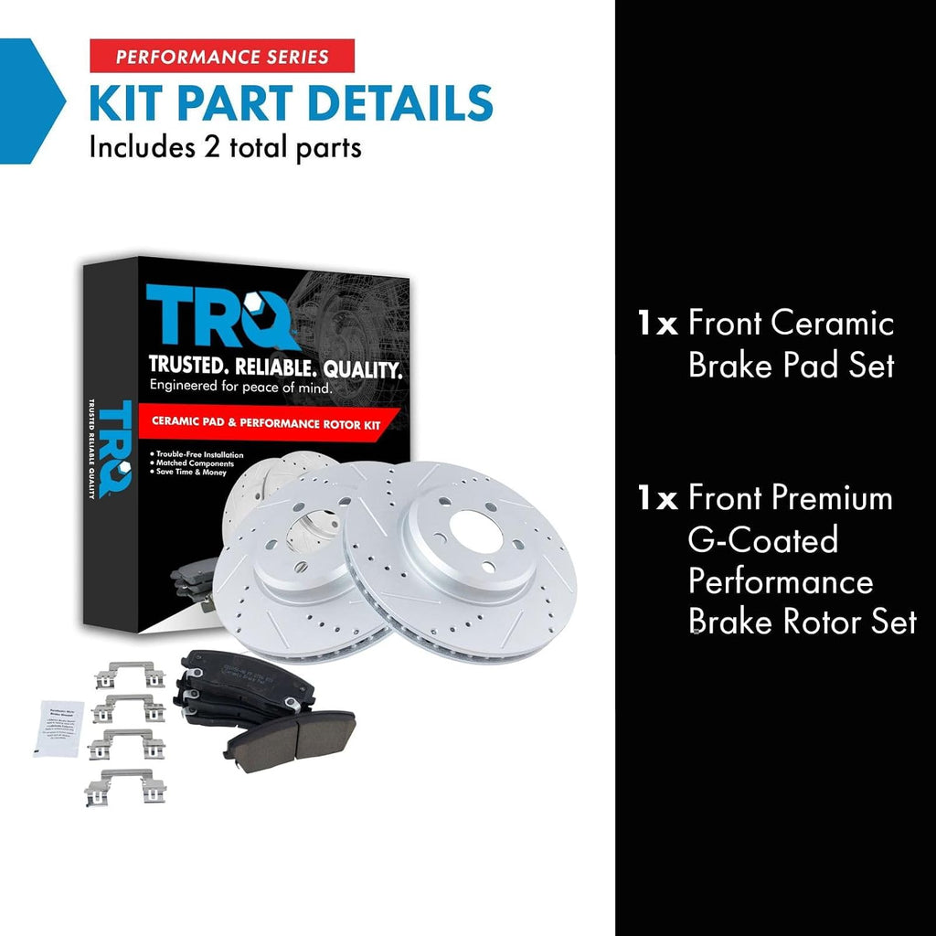 TRQ Performance Front Ceramic Brake Pad and Rotor Set Coated Drilled Slotted Compatible with 0709 Dodge Charger V6 3.5L RWD with 320 mm Diameter Front Rotors 0509 Chrysler 300 Limited RWD