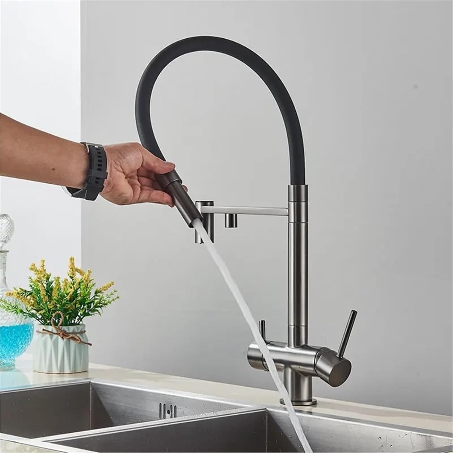 Kitchen Purified Faucets Dual Handle Cold Hot Water Mixer Crane Tap Filter Water Modern Tap(Gray)