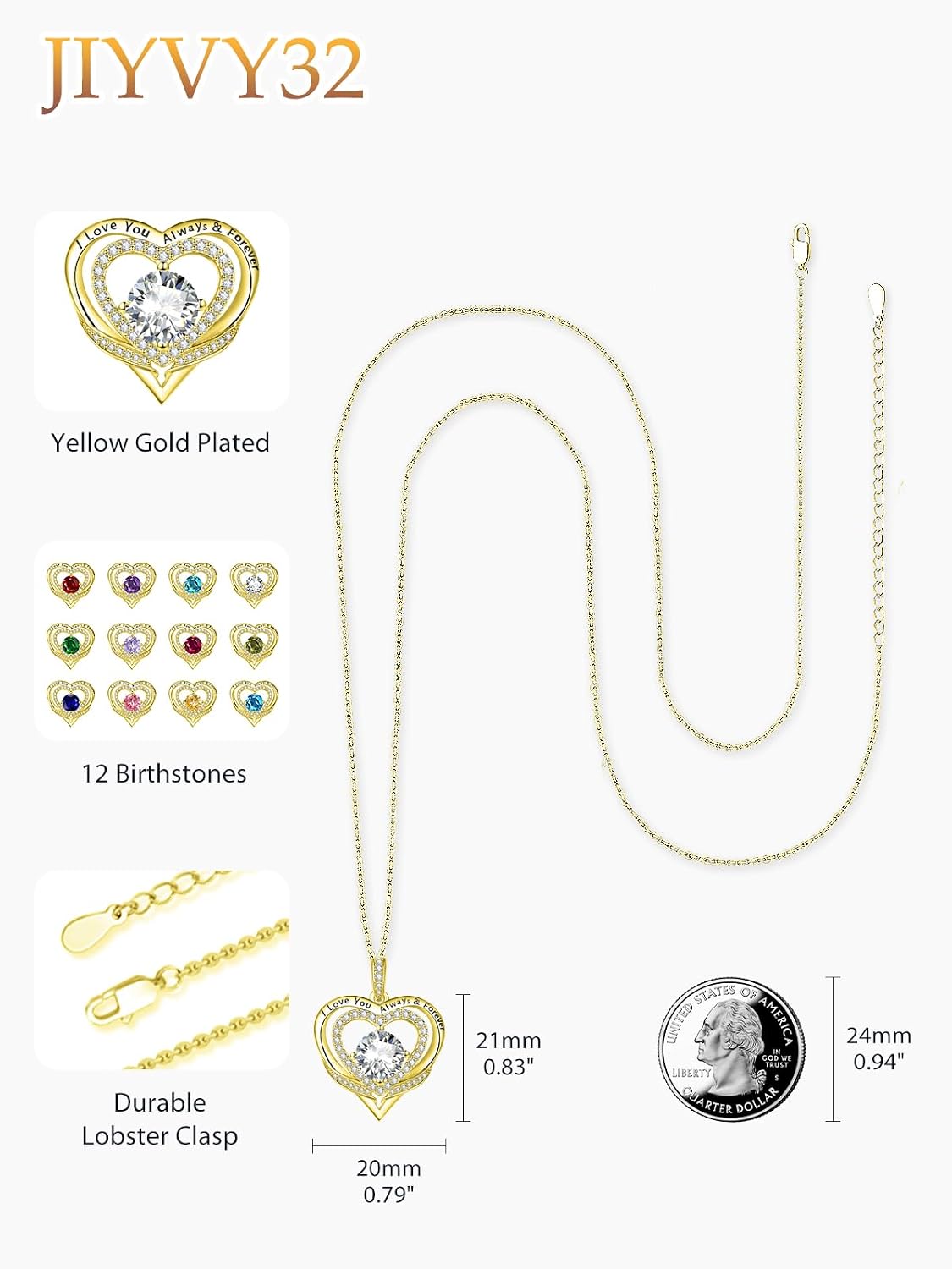 14K Gold Heart Necklaces for Women with Birthstone Pendant ，Double Hearts Necklace Jewelry Gift for Girlfriend Mom Anniversary Birthday Adjustable Chain 18' + 2' 'I Love You Always & Forever