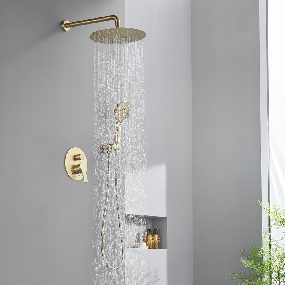 Brushed Gold Shower System 12 Inch Shower Faucet Set for Bathroom, High Pressure Gold Rain Shower Head with Handheld Spray, Rainfall Brushed Gold Shower Fixtures