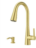 Pfister Barulli Kitchen Faucet with Pull Down Sprayer and Soap Dispenser, Single Handle, High Arc, Brushed Gold Finish, F5297BARBG