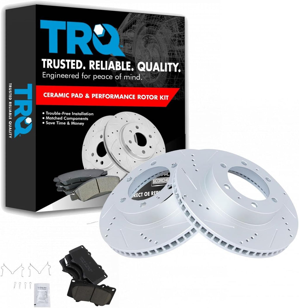 TRQ Performance Front Brake Pad and Rotor Set Ceramic Coated Drilled Slotted Vented Rotors Compatible with 2003-2009 Toyota 4Runner 2007-2014 FJ Cruiser 2005-2022 Tacoma