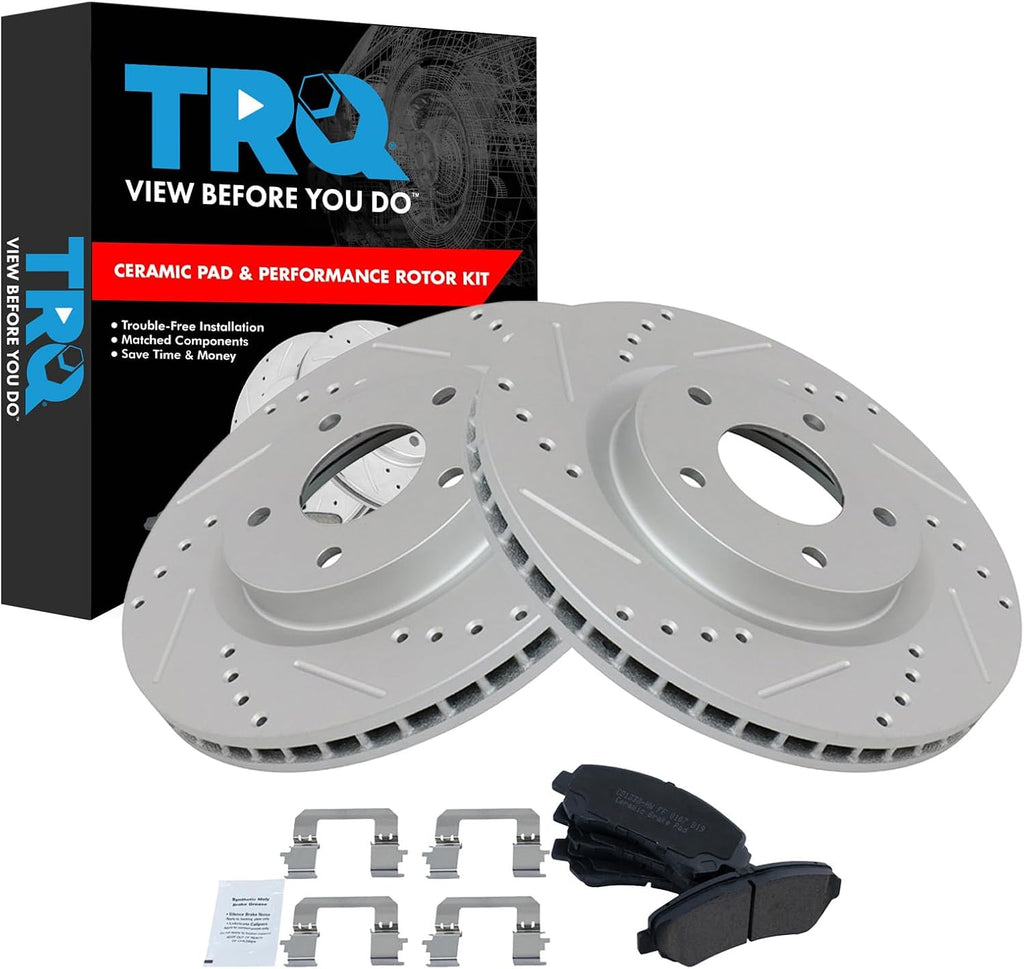 TRQ Performance Front Brake Pad and Rotor Set Ceramic Coated Drilled Slotted Vented Rotors Compatible with 2008-2013 Nissan Rogue 2014-2015 Rogue Select 2007-2008 Sentra