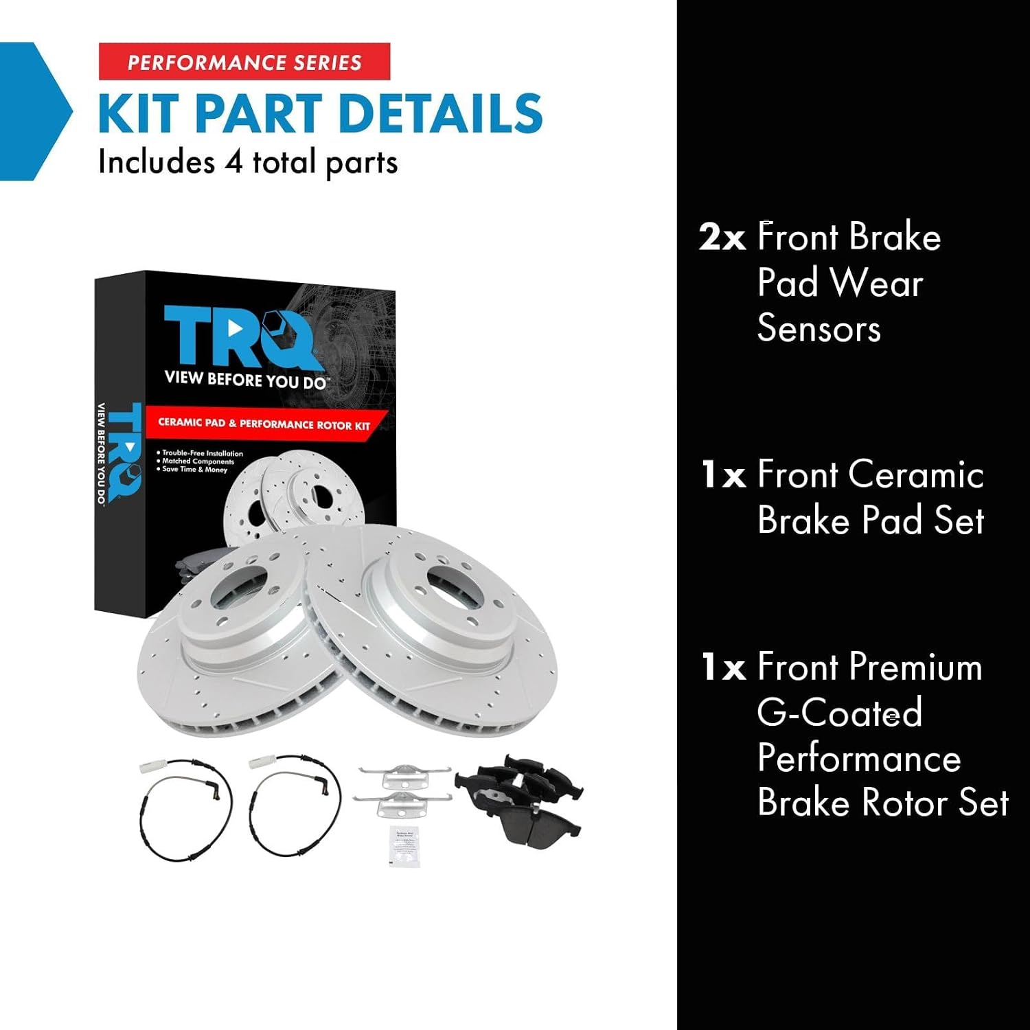 TRQ Performance Front Brake Pad and Rotor Set Ceramic Slotted Drilled G Coated Rotors Wear Sensor Compatible with 2007-2010 BMW 335i 2009-2010 335d 2010 335i xDrive