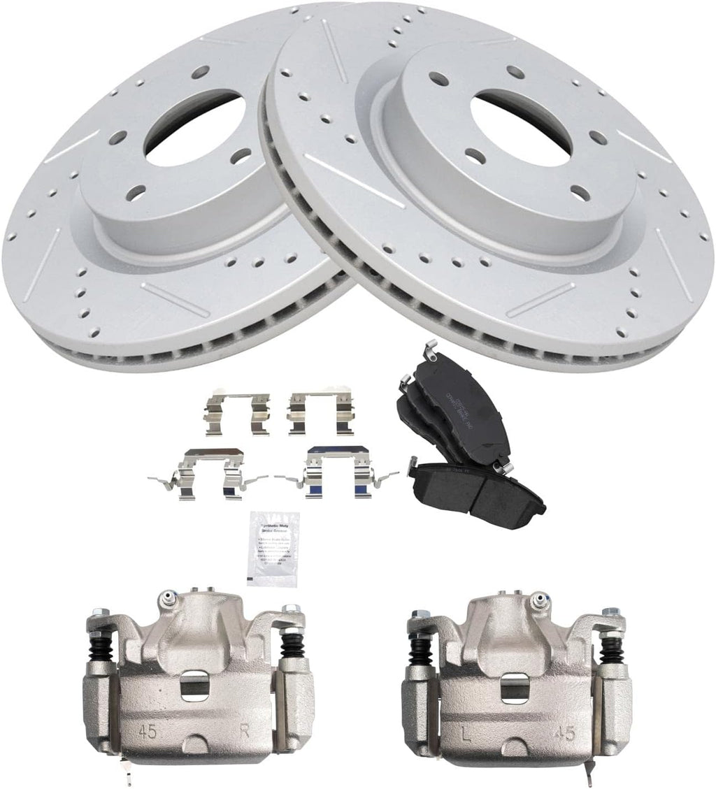 TRQ Performance Front Brake Pad and Rotor Set Ceramic Vented Coated Slotted Drilled Rotors Calipers Compatible with 2010-2013 Nissan Altima