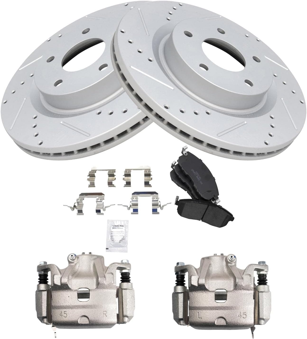 TRQ Performance Front Brake Pad and Rotor Set Ceramic Vented Coated Slotted Drilled Rotors Calipers Compatible with 2010-2013 Nissan Altima