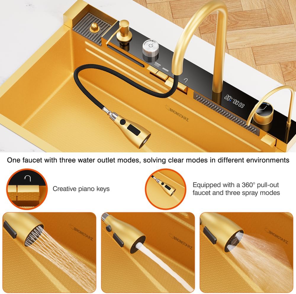Digital Display Embossed Stainless Steel Nano Gold Waterfall Large Single Groove Kithchen Sink with Pressurized Cup Washer (33 X 22 Inch)