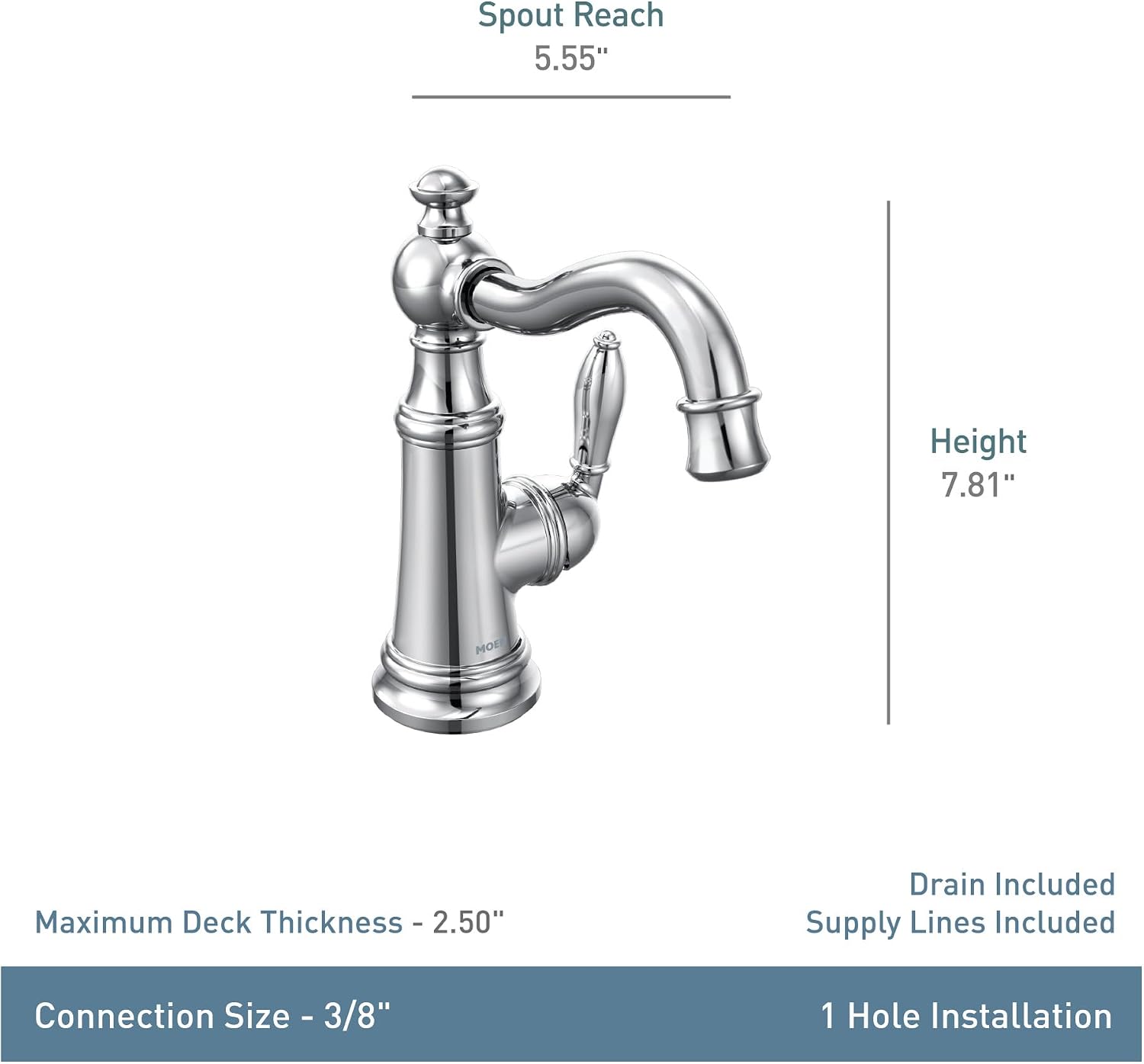 Moen S42107BL Weymouth One-Handle Single Hole Traditional Bathroom Sink Faucet with Drain Assembly, Matte Black