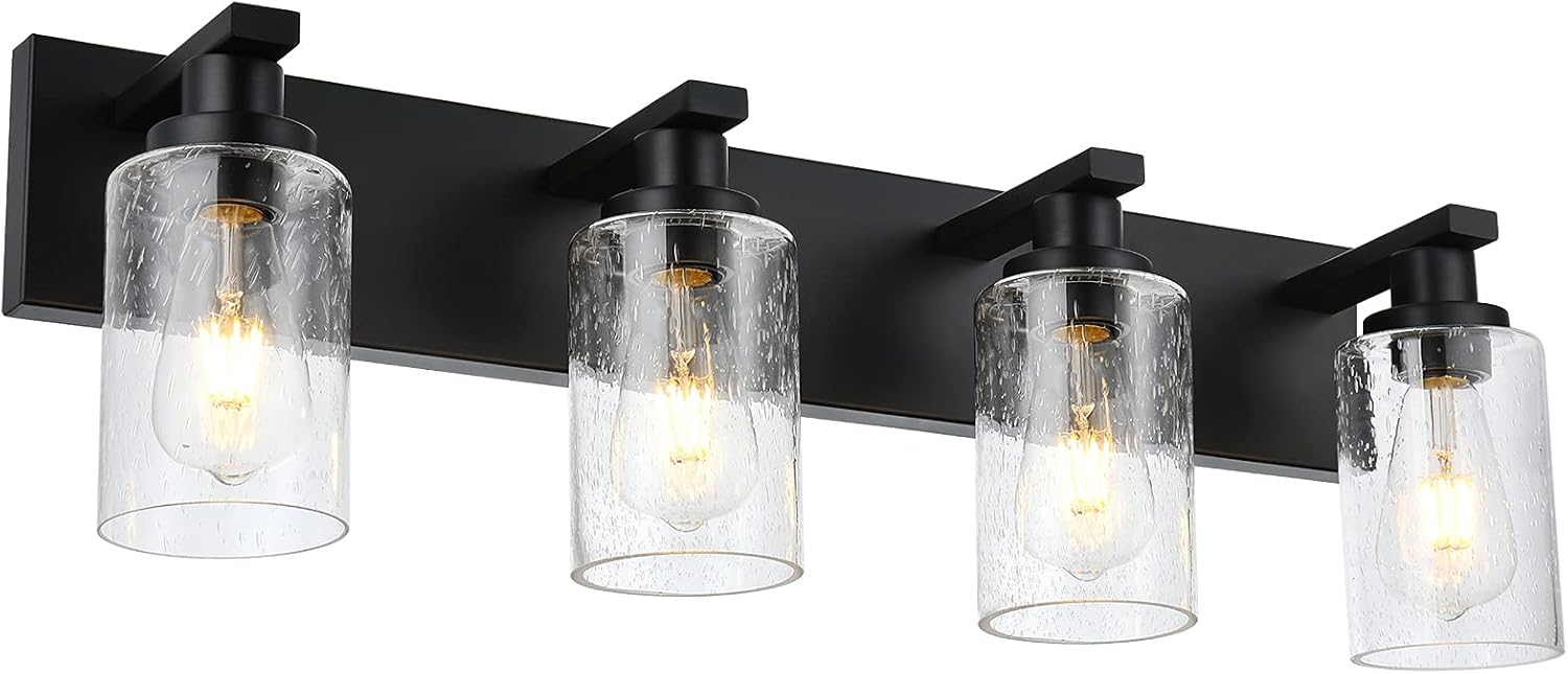 Bathroom Vanity Light Fixtures 4-Lights Seeded Glass Cylinder Shade Modern Farmhouse Wall Sconce Lighting Bath Vanity Lights Over Mirror