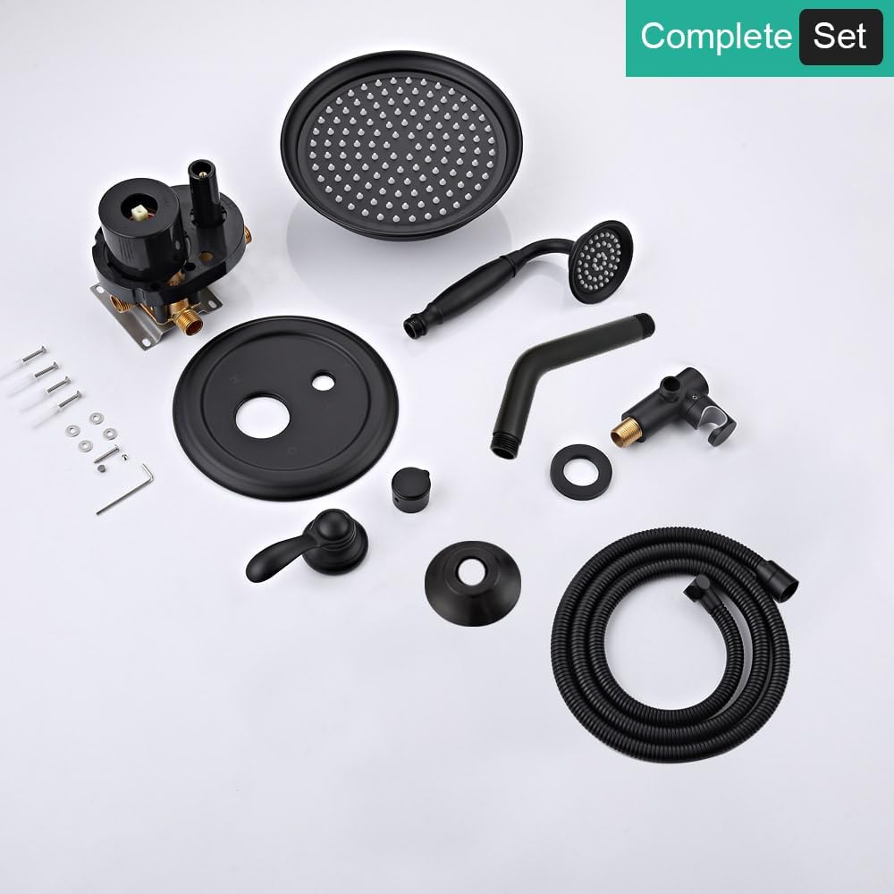 Matte-Black Vintage Shower-Faucet Sets, Antique Brass Shower System, Wall Mounted, 9' Rain Head and Handheld Spray, 2 Way Diverter Rough in Valve with Trim Kit