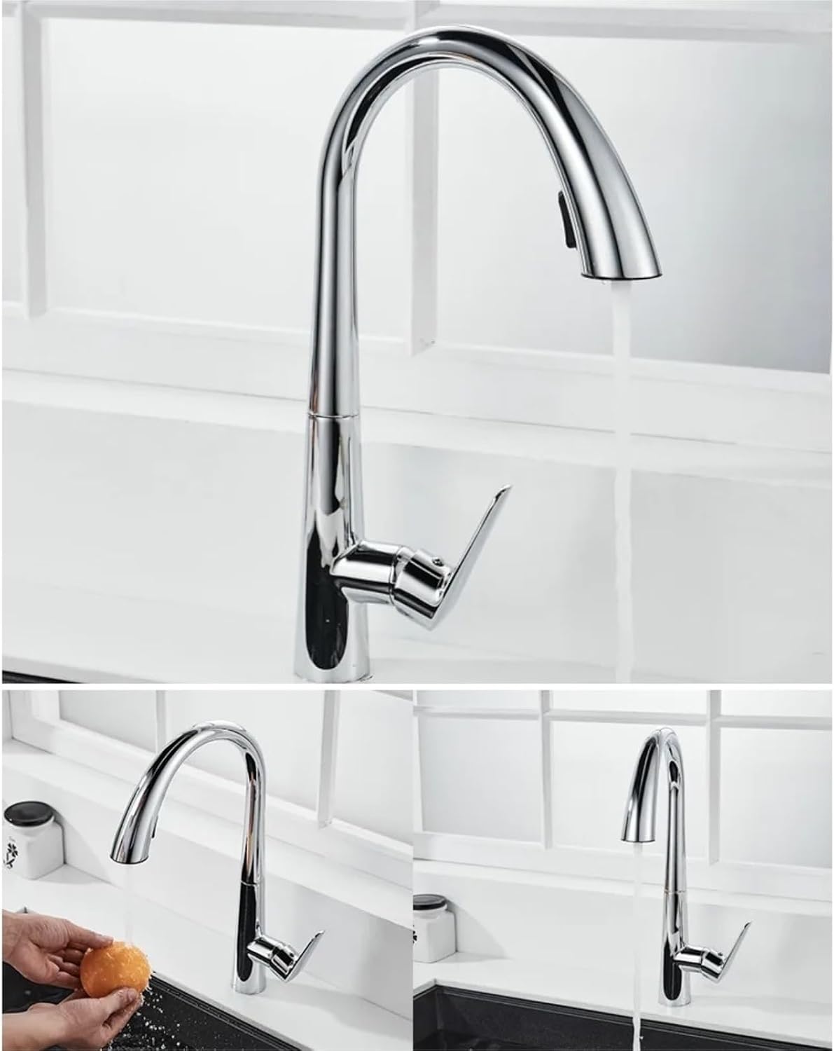 Kitchen Faucet Pull Out Tap Household Sink Washbasin Cold and Hot Water Mixer(Chrome)