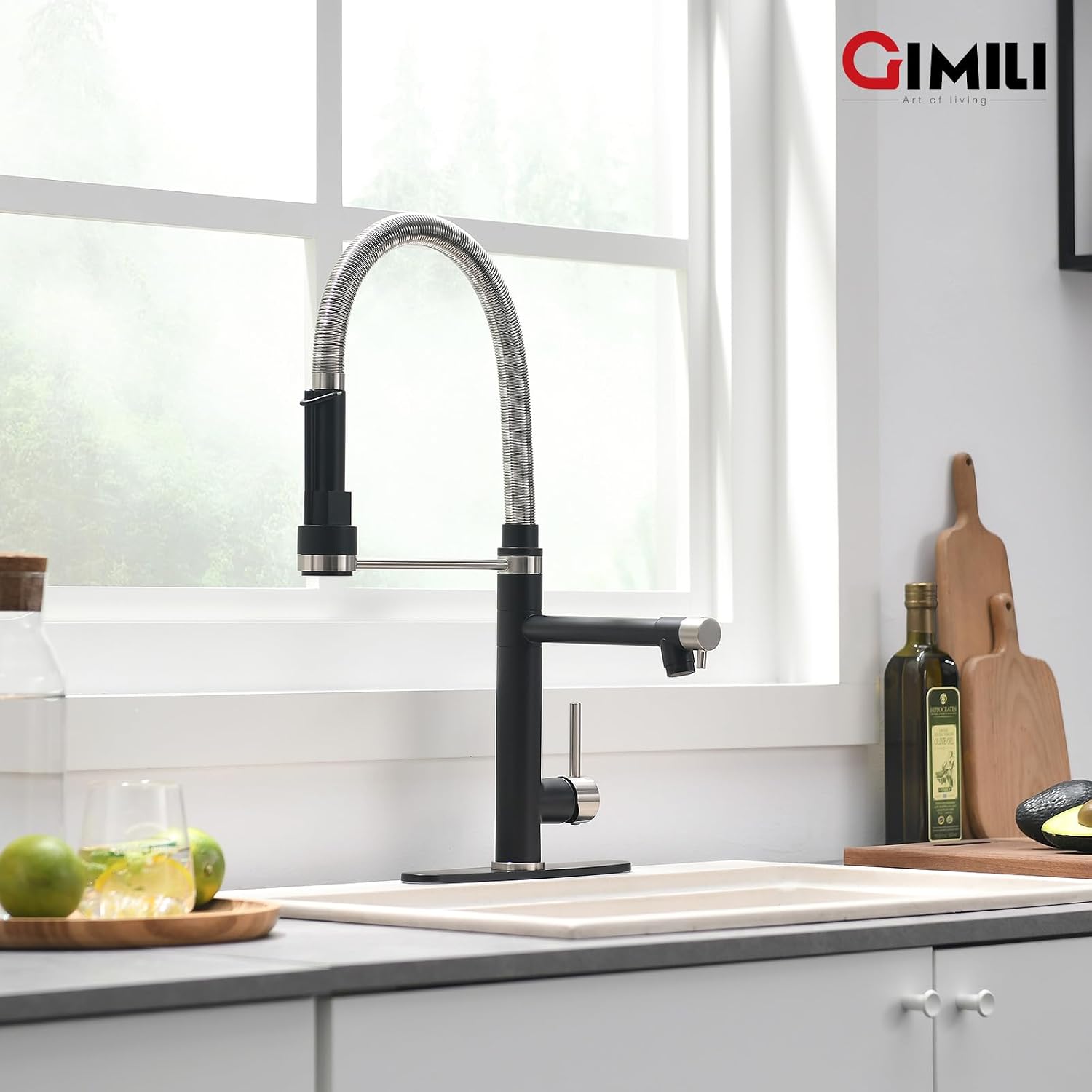 GIMILI Kitchen Faucet with Pull Down Sprayer Brushed Nickel and Matte Black Commercial Kitchen Faucet Double-Headed Single Handle Spring Stainless Steel Kitchen Sink Faucet