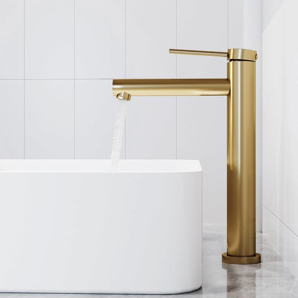 VIGO Jewel Single-Handle Single-Hole Mount Bathroom Sink Bathroom Sink Faucet, 11-Inch, Matte Brushed Gold, Modern Design, Solid Brass, 1.2 GPM WaterSense & Ceramic Disc Valve, Corrosion-Resistant