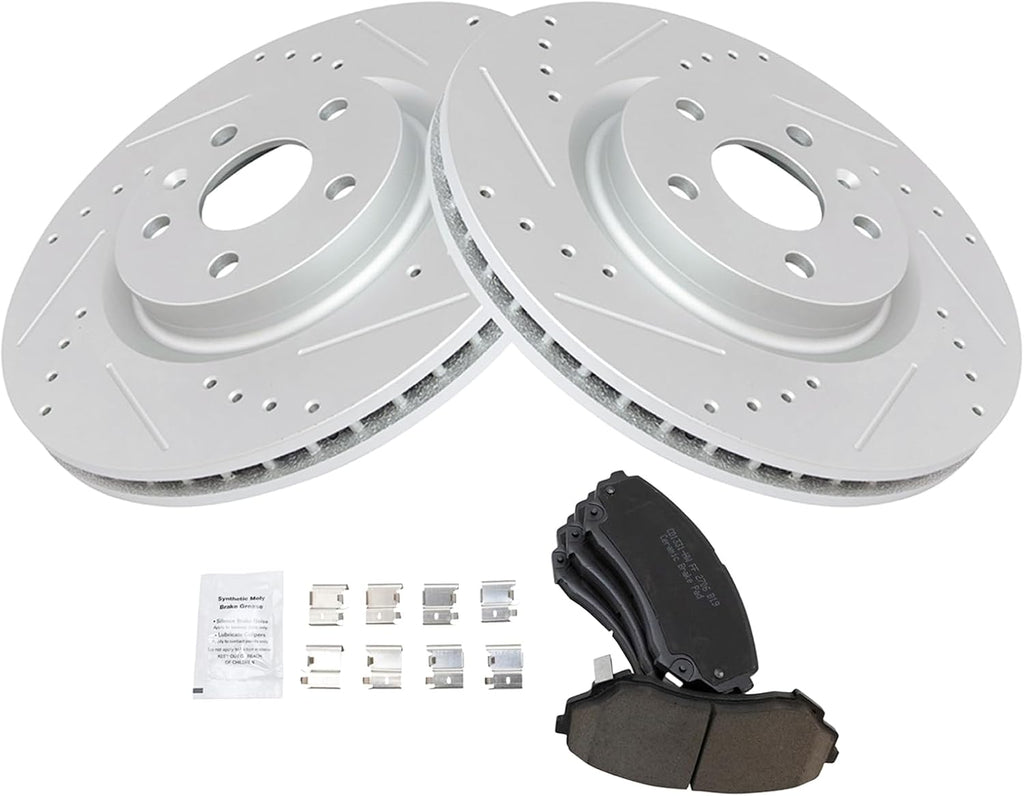 TRQ Performance Front Brake Pad and Rotor Set Ceramic Coated Drilled Slotted Vented Rotors Compatible with 2008-2014 Cadillac CTS