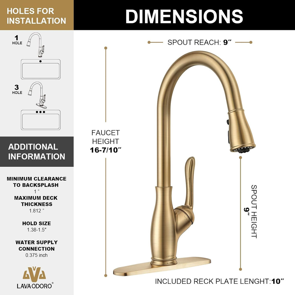 Lava Odoro Champagne Gold Kitchen Faucet with Pull Down Sprayer, Bronze Gold Kitchen Sink Faucet with Magnetic Docking Spray 3-Function, Brass Faucet for Kitchen Sink 1 Hole and 3 Hole, KF271-CB