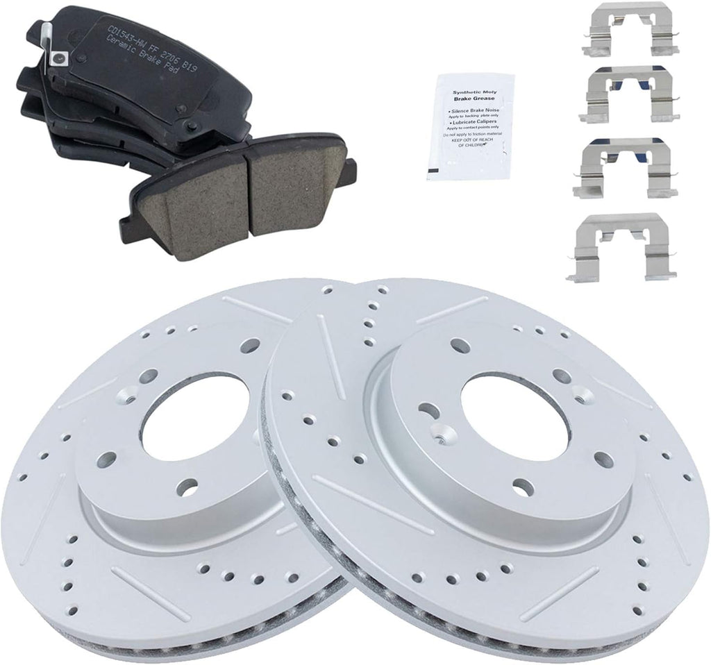 TRQ Performance Front Brake Pad & Rotor Set Ceramic Coated Drilled Rotors Compatible with 11-16 Hyundai Elantra 13-16 Elantra Coupe GT 12-16 Veloster 14-16 Kia Forte Forte Koup 15-16 Forte5