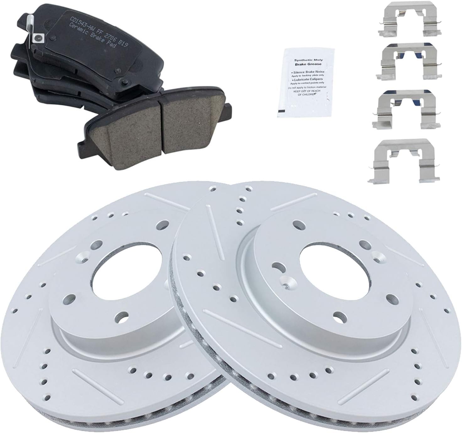 TRQ Performance Front Brake Pad & Rotor Set Ceramic Coated Drilled Rotors Compatible with 11-16 Hyundai Elantra 13-16 Elantra Coupe GT 12-16 Veloster 14-16 Kia Forte Forte Koup 15-16 Forte5