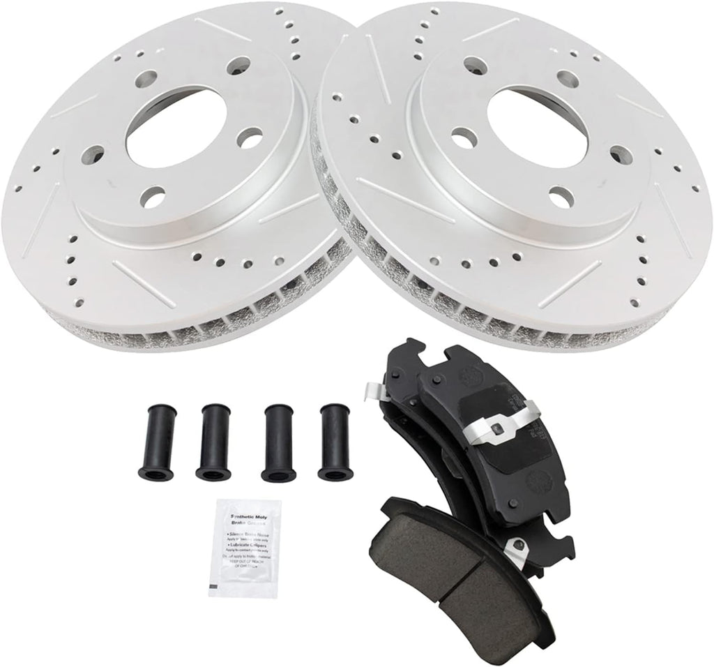 TRQ Performance Front Brake Pad and Rotor Set Ceramic Drilled Slotted G Coated Compatible with 1998-1999 Buick LeSabre Oldsmobile 88 LSS Regency Pontiac Bonneville