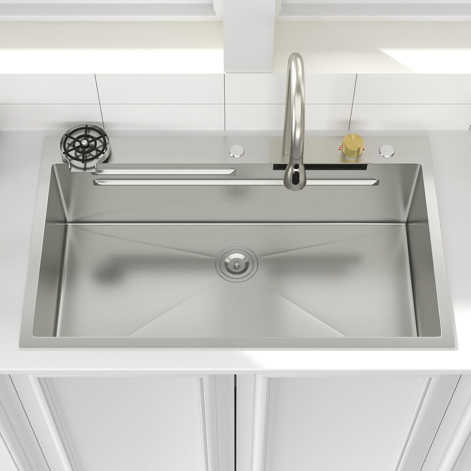 Logmey 36x22 Drop in Waterfall Sink Nano PVD All in One Workstation Sinks with Temperature Control Knob,16 Gauge Stainless Steel,Ideal for Home Cooking,Cleaning & Daily Kitchen Use,Double Step,5 Hole