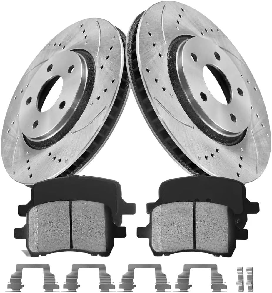 Front Automotive Replacement Brake Kit, Drilled Slotted Rotors Kit Compatible with 2006-2012 Chevy Malibu, 2006-2008 Chevy HHR|Brake Rotors Brake Pads|296mm(11.7in)|D1160-8270 & 55093