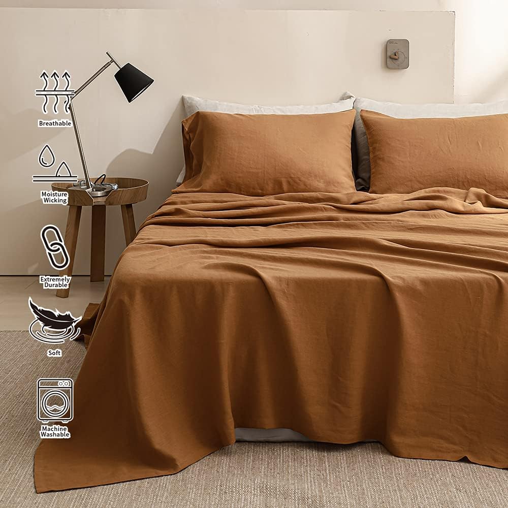 Simple&Opulence 100% Washed Linen Sheet Set Basic Style 3 Pieces (1 Flat Sheet & 1 Fitted Sheet & 1 Pillowcase) Natural French Flax Soft Breathable Farmhouse Bedding (Twin, Rust)
