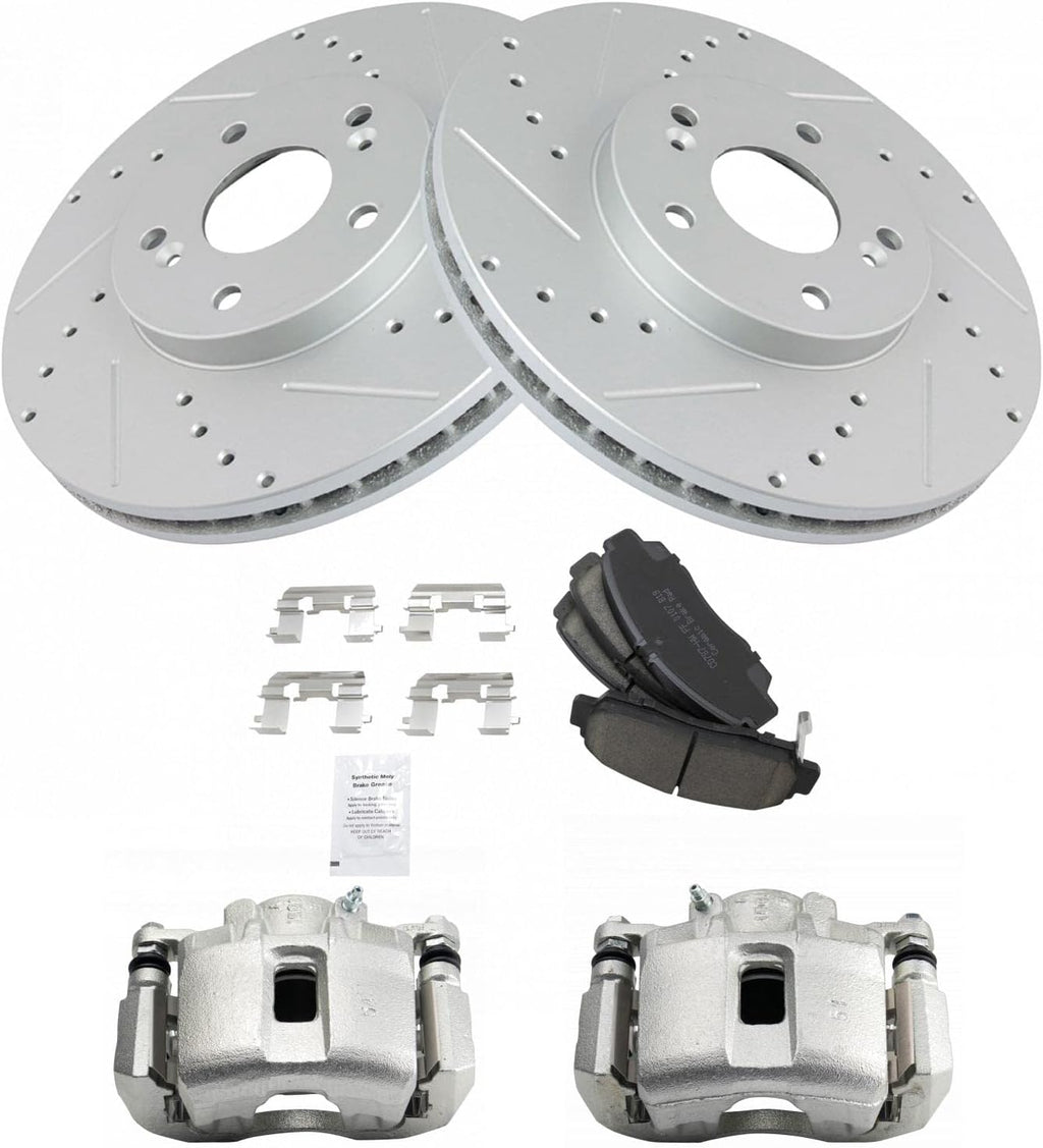 TRQ Performance Front Brake Pad and Rotor Set Ceramic Coated Drilled Slotted Rotors Calipers Compatible with 2001-2003 Acura CL 1999-2008 TL 2003-2009 Honda Accord