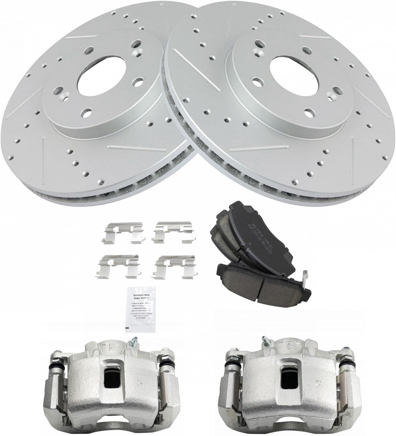 TRQ Performance Front Brake Pad and Rotor Set Ceramic Coated Drilled Slotted Rotors Calipers Compatible with 2001-2003 Acura CL 1999-2008 TL 2003-2009 Honda Accord