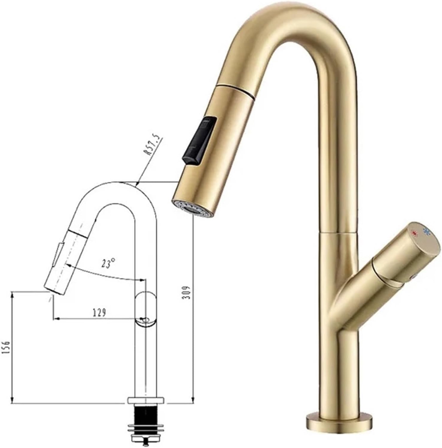 Kitchen Faucet Pull Out Kitchen Water Tap Single Handle 360 Rotation Hot Cold Shower Faucet(Brushed Gold)