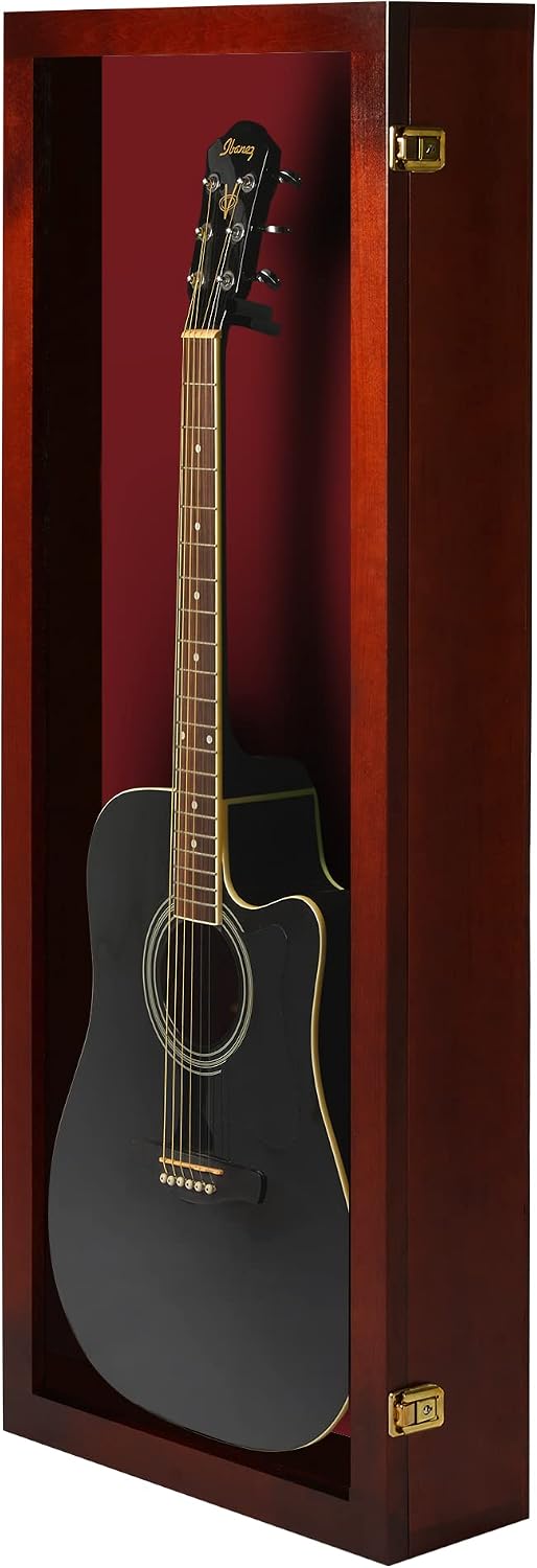 PENNZONI Acoustic Guitar Display Case - Acrylic Acoustic Guitar Case - Guitar Display Case Wall Mount Made from Hardwood Frame & Clear Acrylic - Cherry w/ Red Felt