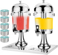 Commercial Drink Double Juice Dispensers w/5 Storage Box, 16L Cold & Warm Beverage Dispenser with 2 Bucket for Water, Flower Tea, Coffee, Sesame Oils,Gold，Silver