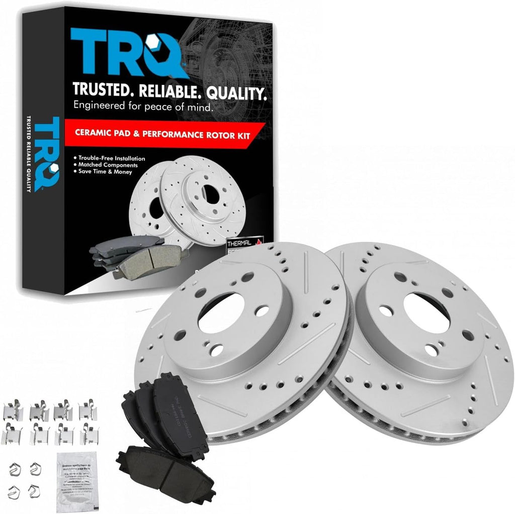 TRQ Performance Front Brake Pad and Rotor Set Ceramic Coated Drilled Slotted Rotors Compatible with 2011-2017 Lexus CT200h 2010-2015 Toyota Prius 2012-2015 Prius Plug-In