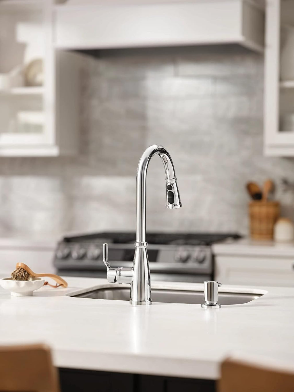 Moen Nolia Chrome One-Handle High Arc Kitchen Faucet with Pull Down Sprayer and Soap Dispenser, Kitchen Sink Faucet Featuring Power Boost Technology, 87071