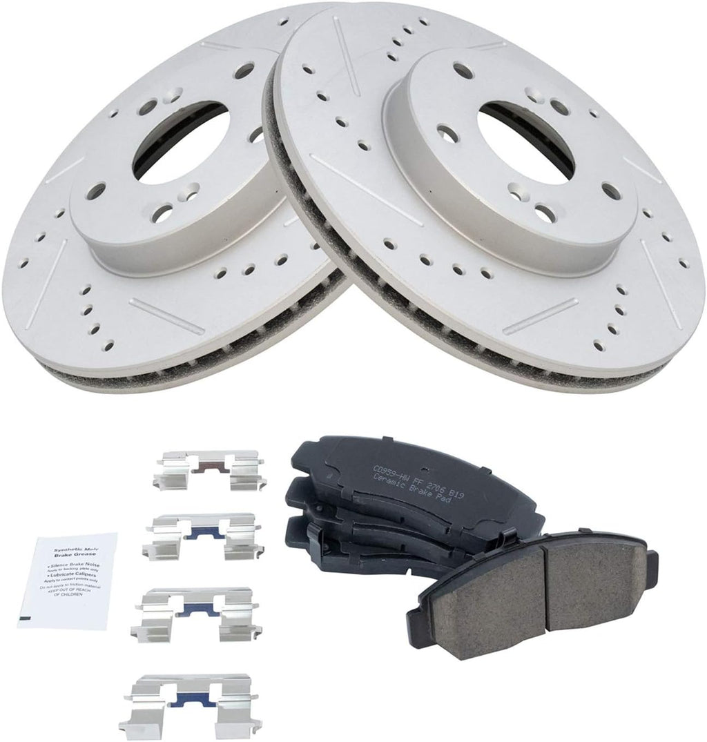 TRQ Performance Front Brake Pad and Rotor Set Ceramic Drilled Slotted Coated Vented Rotors Compatible with 2003-2007 Honda Accord 2006-2010 Civic
