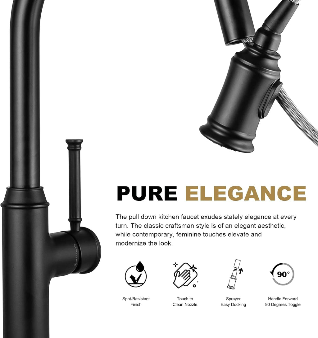 Lava Odoro Curtura Matte Black Kitchen Faucet with Pull-Down Sprayer, Single Handle Kitchen Sink Faucet Black Faucet for Kitchen Sink 1 Hole, Deck Plate Included, 1.8 GPM, KF421-MB