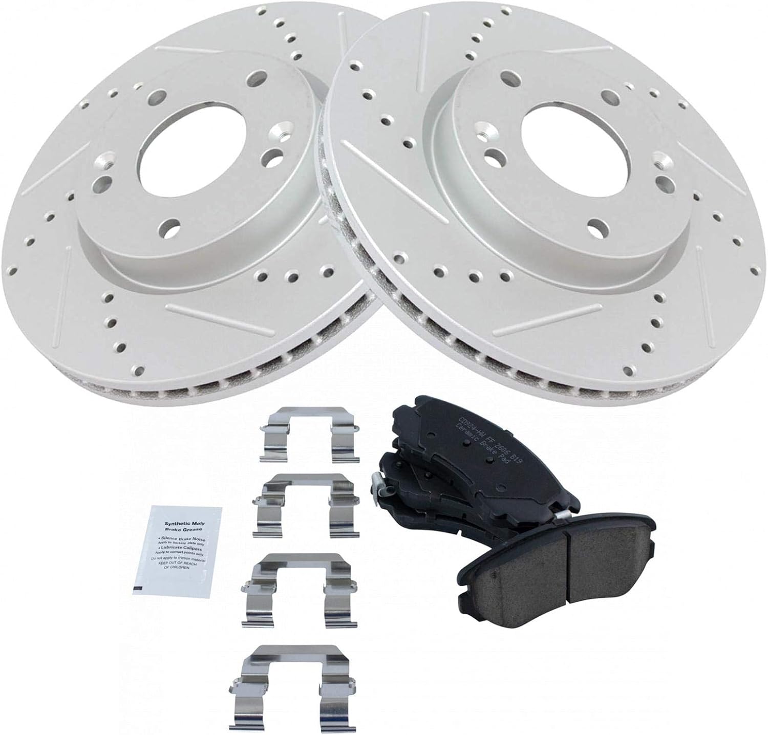 TRQ Performance Front Brake Pad and Rotor Set Ceramic Drilled Slotted Coated Vented Rotors Compatible with 2003-2008 Hyundai Tiburon 2005-2009 Tucson 2005-2010 Kia Sportage