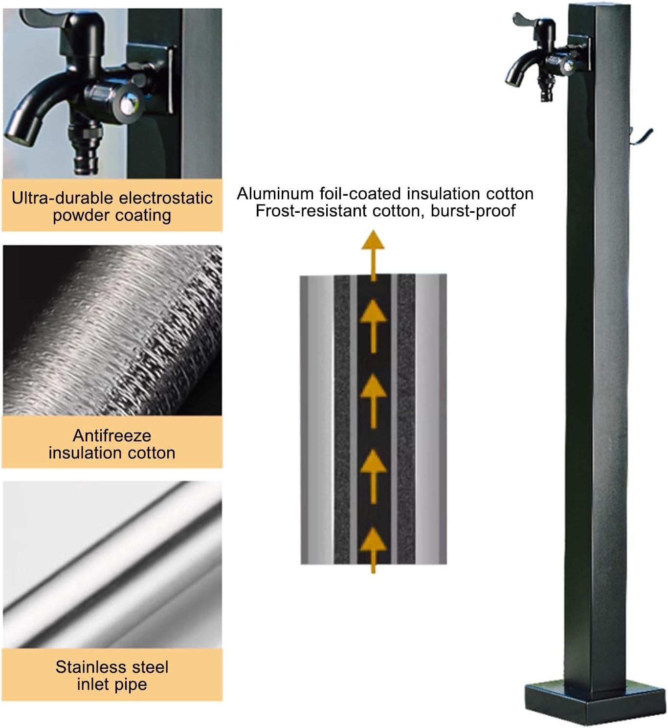 304 Stainless Steel Vertical Garden Water Column, Decorative Feature Fountain Water Dispenser Hydrant, Free-Standing Outdoor Faucet with Hook(Black,600mm/23.6in)