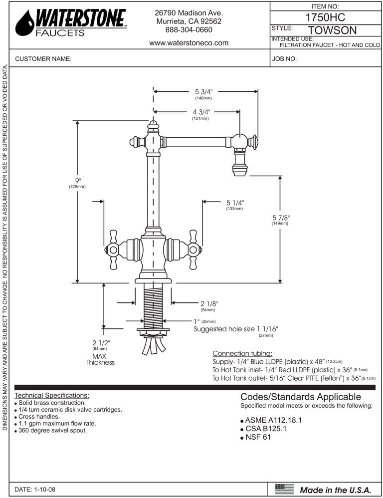 Waterstone 1750HC-SG Towson Hot and Cold Filtration Faucet - Cross Handles Satin Gold