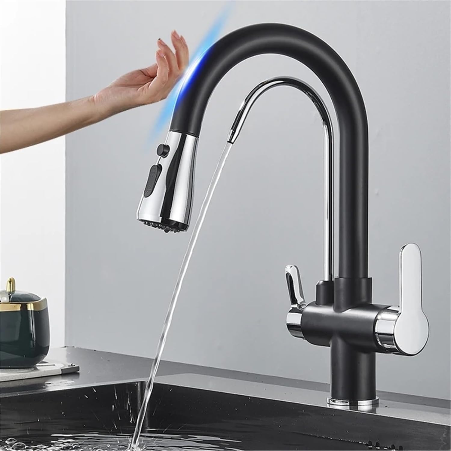 Smart Sensor Pure Water Kitchen Faucet 2 Model Spout Taps Deck Mount Daul Handle Filtered Cold Hot Water Mixer(Black Chrome)
