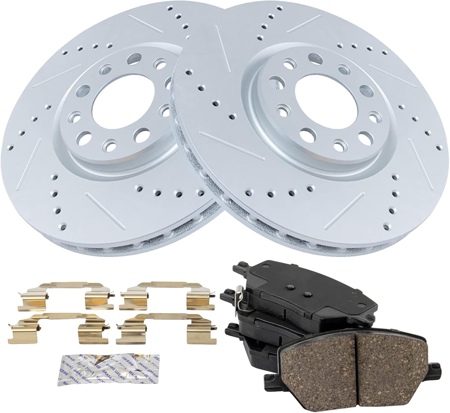 TRQ Performance Front Brake Pad and Rotor Set Ceramic Coated Drilled Slotted Rotors Compatible with 2016-2021 Fiat 500X 2017-2022 Jeep Compass 2015-2021 Renegade