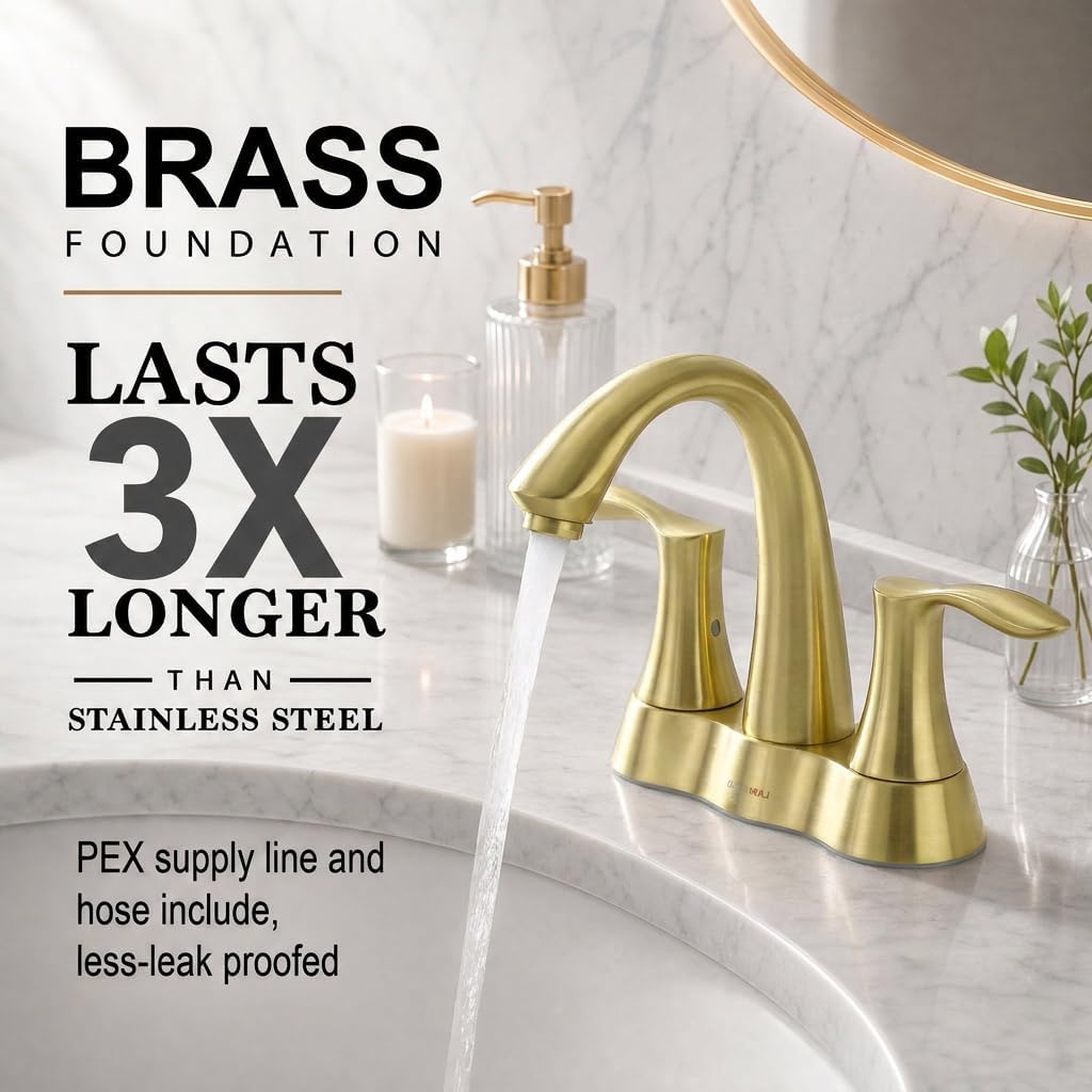 Lava Odoro Brushed Gold Bathroom Faucet 3 Hole, 2 Handle Bathroom Sink Faucet, 4 Inch Centerset Bathroom Faucet with Drain Assembly, BF423-SG