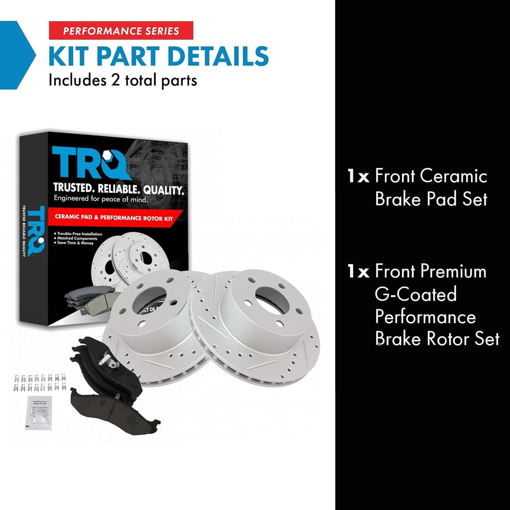 TRQ Performance Front Brake Pad and Rotor Set Ceramic Drilled Slotted Coated Vented Rotors Compatible with 90-98 Jeep Cherokee 90-92 Comanche 93-98 Grand Cherokee 90-99 Wrangler 1990 Wagoneer